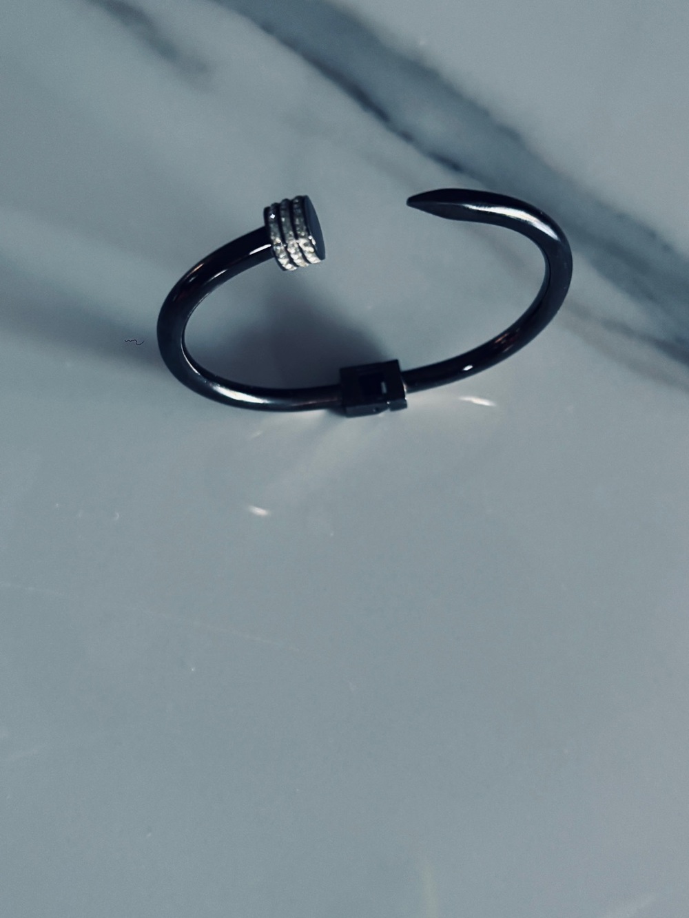 Black Stainless Nail Cuff Bracelet with Crystal Ring Accent - Picture 2 of 6